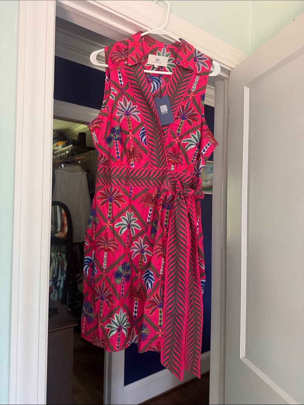 Printfresh Hot Pink Dress with Green and Navy Tropical Leaves